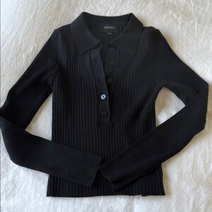 Bardot Black Ribbed Button Colar V neck Long Sleeve Top